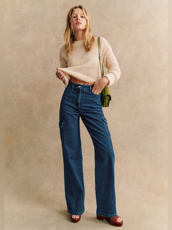 Sezane Denim - Sézane Flint Trousers Dark Blue High Waisted Cargo Wide Leg Jeans Size 40 FR 8